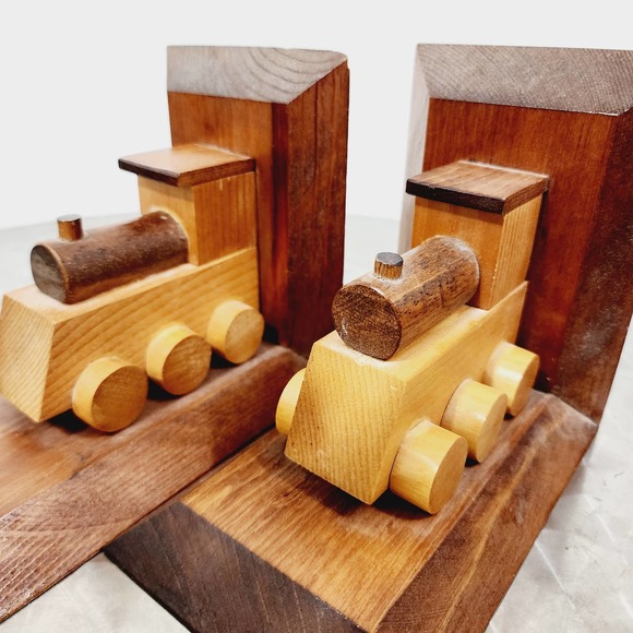 Vintage Wooden Hand Made Train Bookends Library Primitive Classic Americana - Picture 10 of 16